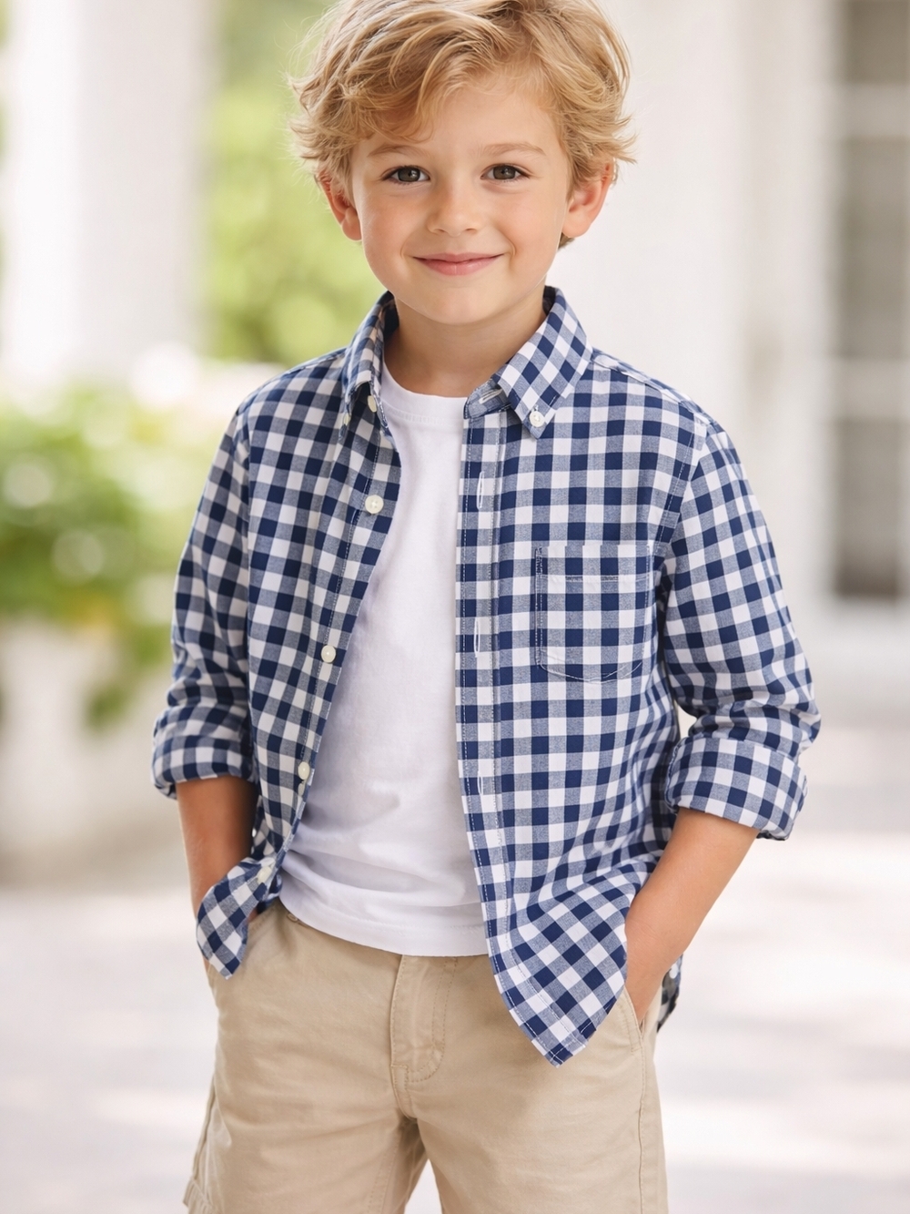 Crewcuts Boys Blue Gingham Button Down Shirt Size 4-5 Preppy EUC